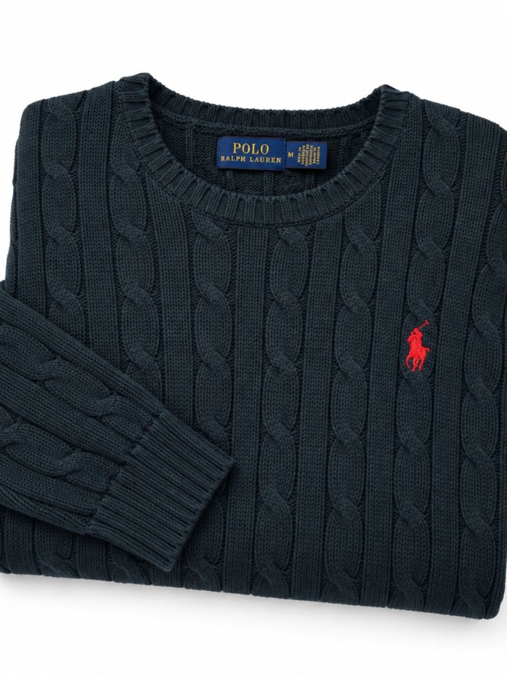 Polo Ralph Lauren Cable Knit Cotton Sweater Dark Green Red Pony - Picture 10 of 10